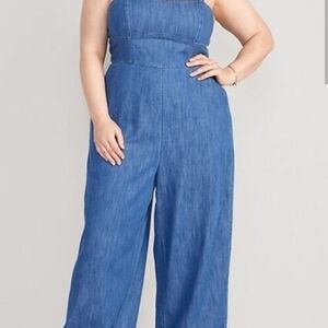 Old Navy Tie-Shoulder Corset Cami Wide Leg Jumpsuit Medium Wash Size L Petite